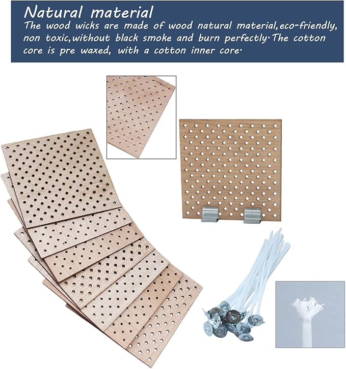 8Set Wood Candle Wicks for Candle Making,3.15x3.15inch(Width*Height) Grid Design Large Natural Crackling Wood Wicks with Metal Base, 20Pcs 4inch Pre-Waxed Candle Wick,Candle DIY Supplies.