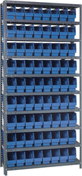 Quantum Storage Systems 1275-201BL Solid Heavy Duty 10 Shelves 72 STORE-MORE Blue Bins 75" H x 36" W x 12" D