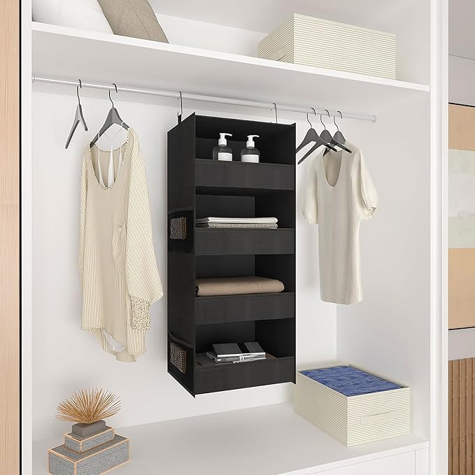 4-Shelf Hanging Closet Organizer and Storage Foldable Hanging Closet Shelves Front Lip Design Washable Hanging Storage, Black