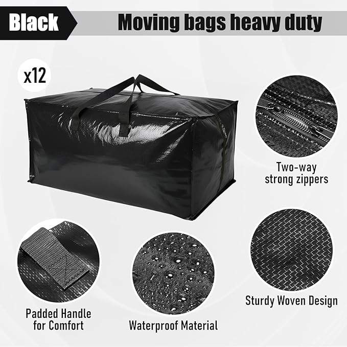 12 Pack Moving Bags with Strong Zippers Handle, Extra Large Heavy Duty Moving Bags Storage Totes for Space Saving Dorm Room Packing Clothes Containers Essentials Supplies(Black)