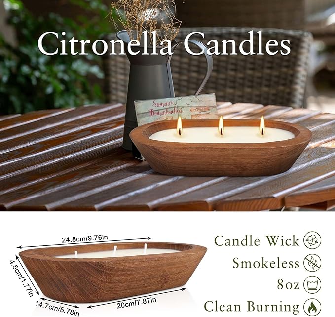 Citronella Scented 3-Wick Candle (8oz) Oval Wood Bowl Candle, Clean Burning & Smokeless, Decorative Soy Blend Candle for Home, Patio, Garden, Summer Gift.