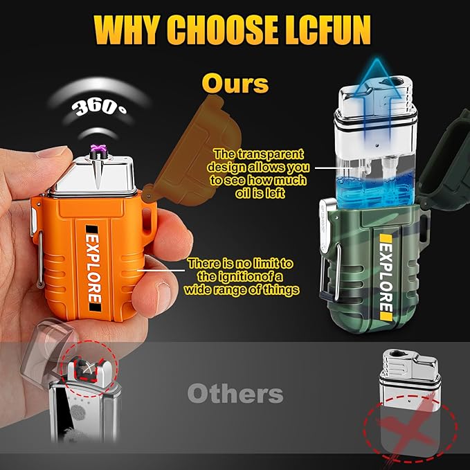 LcFun 3 Pack Waterproof Outdoor Lighter, Windproof Torch Lighters Butane Refillable, Electric Dual Arc Plasma Lighter USB Rechargeable, Camping Hiking Survival Tactical Gear Gadgets for Men