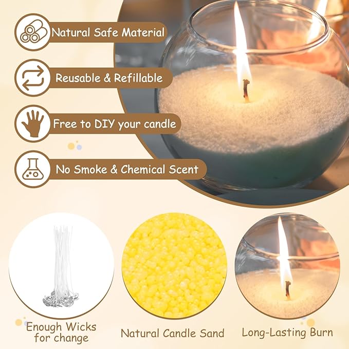 MECCANIXITY Pearled Sand Candles with 20 Pcs Wicks 7Oz / 200g Candle Beads Refillable Powder Sand Wax Making Kit for Thanksgiving Christmas Wedding Party DIY Home Crafts, Yellow