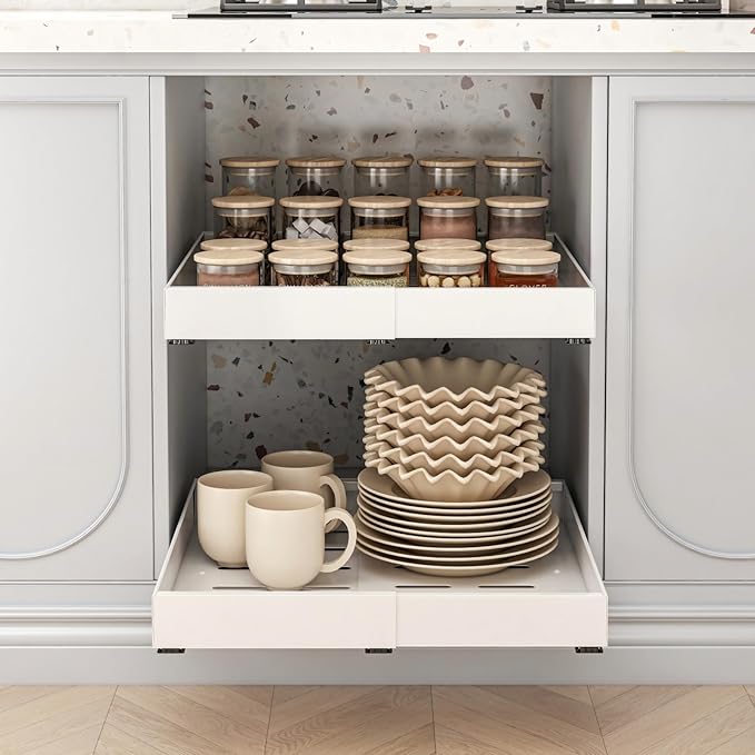 THMINS 2 Pack Expandable Pull Out Cabinet Organizer, 16" Deep Expandable (12.6" - 20.5") 3 Heavy Duty Slide Drawers Pull Out Drawers for Kitchen Storage Cabinet (White)