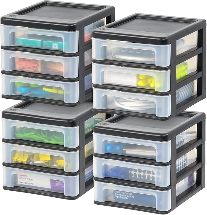 IRIS USA Plastic Stacking Desk Top 3-Drawer Storage Organizer, 4-Pack, for Makeup Vanity Nail Polish Bathroom Stationery Art Craft Supplies Kitchen Office Garage and Small Organization, Small, Black