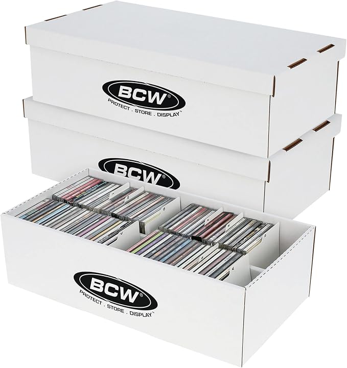 BCW CD Storage Box with Lid - 3 Pack | Holds 100 Jewel Cases | CD Organizer Case with 4 Compartments | Corrugated Storage Bin for Home & Retail | Compact Box for Jewel Case Storage