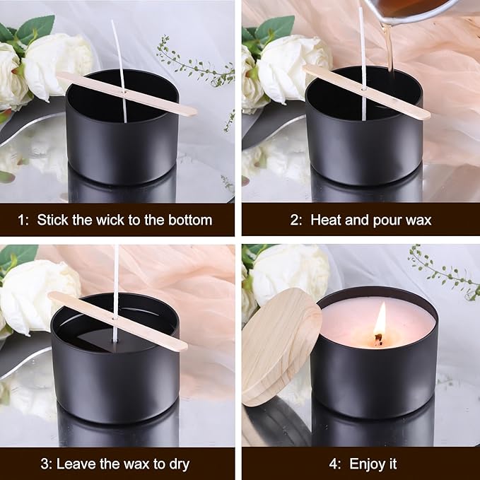 CONNOO 24 Pack Candle Tins, 12pcs 8 OZ & 12pcs 4 OZ Black Jars with Metal Wood-Grain Lids for Making Candles, Bulk Empty Containers for Candle Making, Wick Kit Included