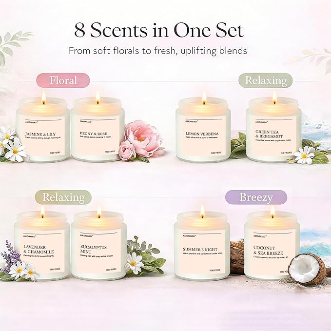 Scented Candles Gift Set, 8 Pack Soy Wax Candles for Home, Spring Summer Floral Fresh Aromatherapy Scents, Gifts for Women, Birthday