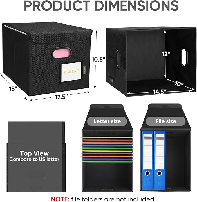BALEINE File Organizer Box with Lid, Collapsible File Folder Organizer with Plastic Slide, Hanging File Folder Box for Office Document Storage (1 Pack, Black)