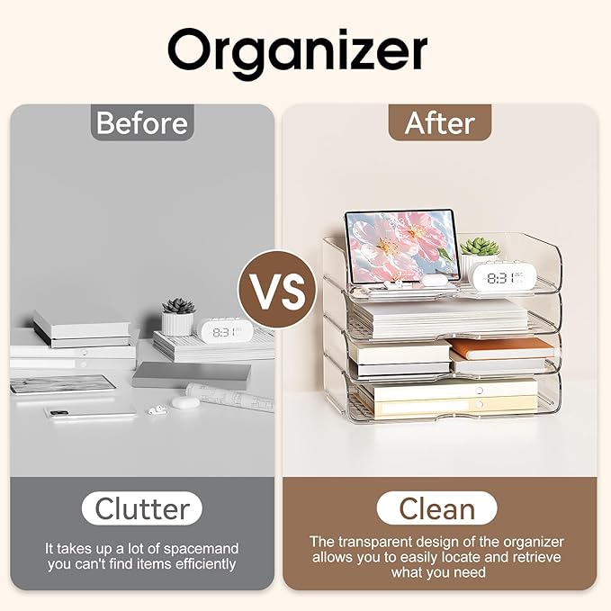 4-Tier Large-Capacity Paper Organizer, Clear Stackable Desk Organizer & Acrylic Paper Tray, Transparent & Easy Access,Desk File Organizer for Home Office & School