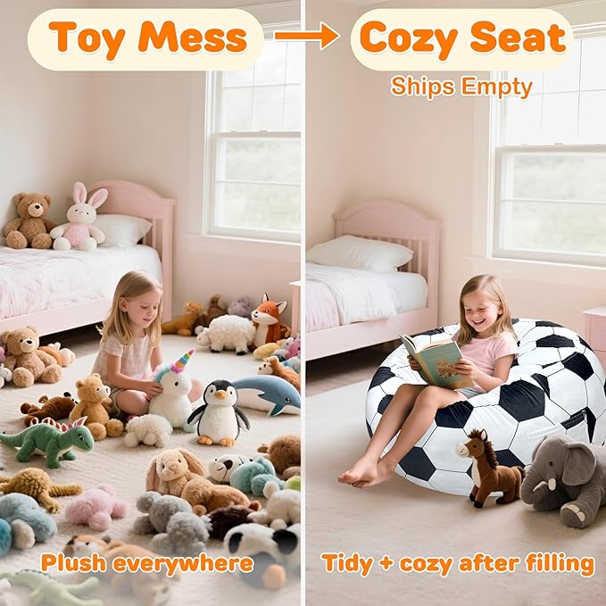 Lukeight Soccer Stuffed Animals Storage Bean Bag Chair Cover Only (Ships Empty, No Filling) - Velvet YKK Zipper Beanbag Cover for Kids Big kids, Washable Plush Toy Organizer, X-Large 30" D x 18" H