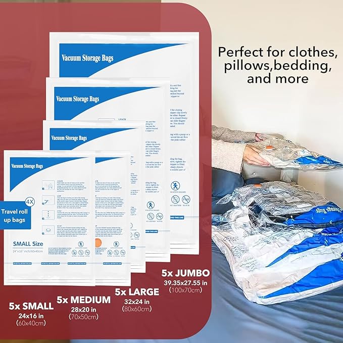 36 Pack Vacuum seal bags for clothing With Coldless Pump,Vacuum Storage Bags, Space Saver Sealer Bags, Pillows, Comforters, Blankets, Bedding,Travel,