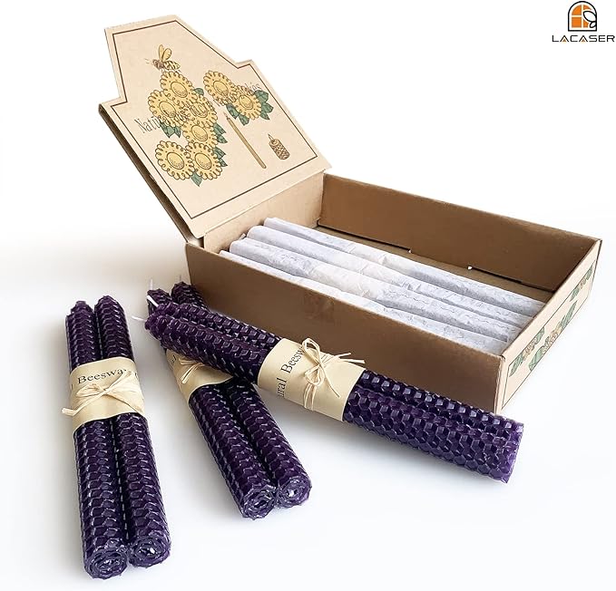 Lacaser Natural Beeswax Purple Taper Candles Bulk Set of 14 pcs, Unscented & Smokeless & Dripless Long Candlesticks 9 Inches Each, Gift Box Packed