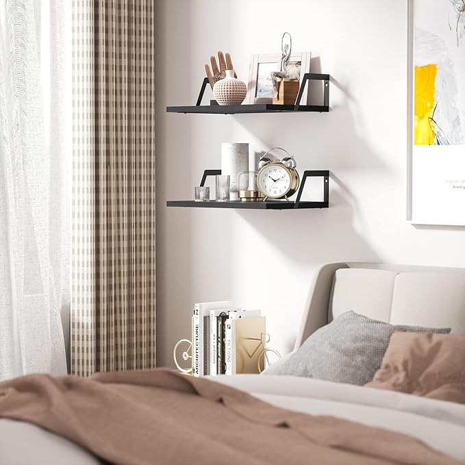SRIWATANA Floating Shelves Wall Mounted Set of 2 Rustic Wood Shelves with Large Capacity(Black