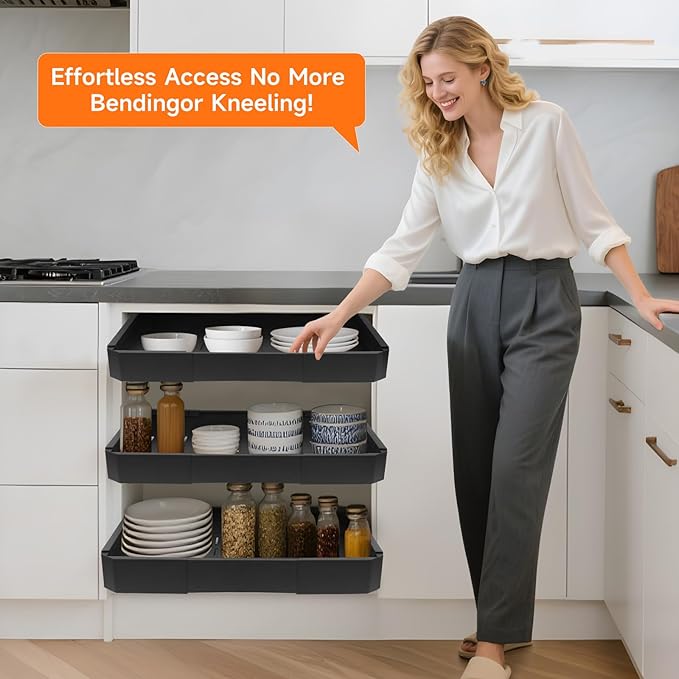 2 Pack Pull out Cabinet Organizer,Adjustable Width (14"-19") and Depth (17"-24"),No Drill Slide out Drawers for Kitchen,Pantry,Adhesive Roll out Shelves,for Cabinets Without Lip
