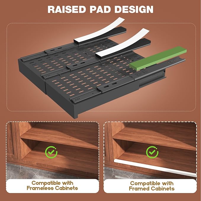 2 Pack Pull Out Cabinet Organizer Expandable Width(13"-21") and Depth(17"-24"),Slide Out Drawers with Raising Pad for Framed Cabinets,No Drill Roll Out Shelves for Kitchen,Bathroom,Black