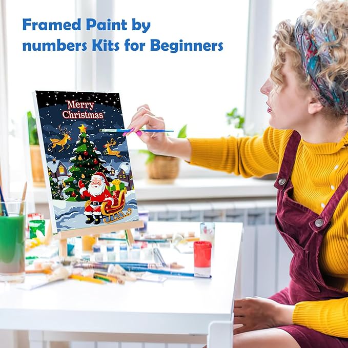 MOGTAA Christmas Paint by Numbers Kit for Adults Beginners with Frame, Santa Claus Adult Paint by Number Kits on Canvas with Easel, Easy DIY Winter Oil Painting Kits for Home Decor, 8x12in