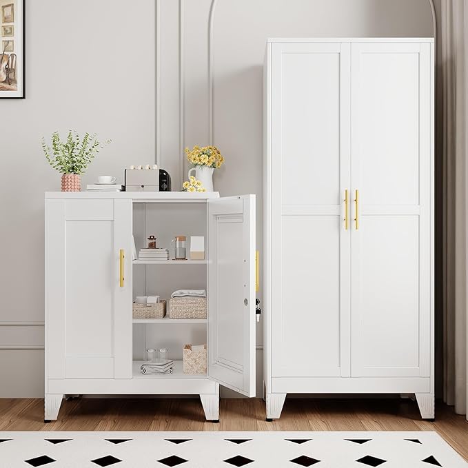 White Metal Storage Cabinet, 36" Tall Locking Storage Cabinet with 2 Adjustable Shelves, Steel Locker Organizer, for Office, Home, School, 2PS
