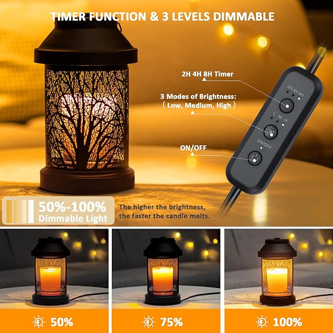 Candle Warmer Lamp - Vintage Candle Warmer Lantern with Timer & Dimming Function, Electric Candle Lamp Warmer Home Bedroom Decor Wax Melt Warmer Birthday Gifts for Women Mom (2 Bulbs Included)