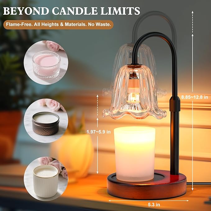 Candle Warmer Lamp Electric: Timer Dimmer Candles Warming Jar Light - Height Adjustable Dimmable Warmers Lamps - Flower No Flame Lamps with Heat Warm Melt Wax - Home Bedroom Decor Table Light