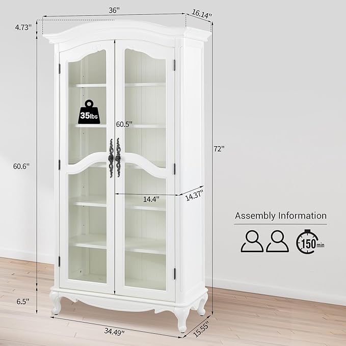 Farmhouse Arched Display Cabinet Bookcase Bookshelf with Glass Doors and Adjustable Shelves, 72" Tall 6 Tiers French Country-Inspired Wooden Curio Cabinet for Living Room, Office (Antique White)