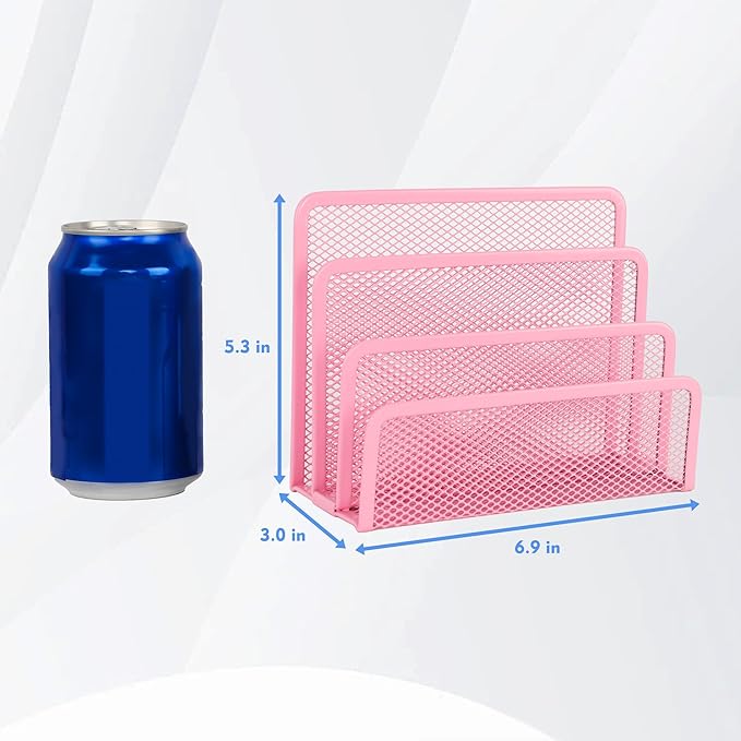 EASEPRES Desk Mail Organizer, Office Small Desktop Metal Mesh Envelope Letter Sorter Paper File Holder Organizer with 3 Vertical Upright Compartments, Pink 1 Pack
