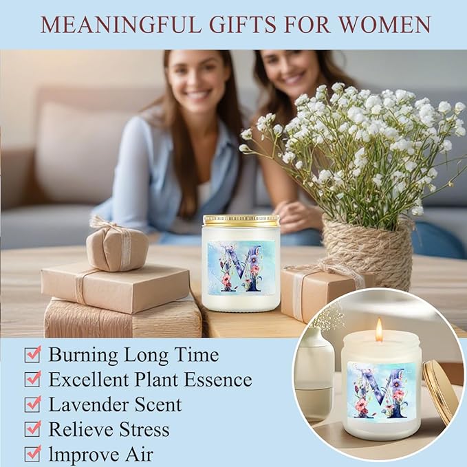 Personalized Gifts Monogrammed Birthday Gifts for Women, Her, Teacher Mother in Law Wedding Christmas Initial Wine Tumbler Makeup Bag Scented Candle Bracelet Set, (Aesthetic Blue Flower M)