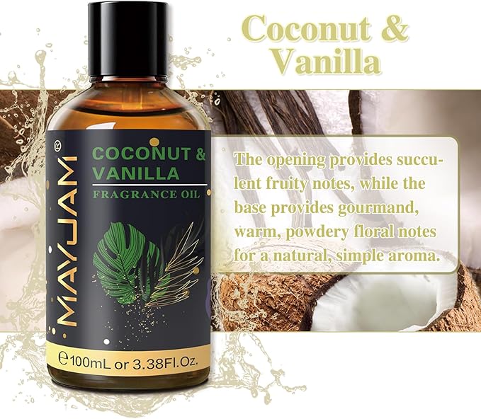 MAYJAM Coconut & Vanilla Fragrance Oils Essential Oil - Coconut & Vanilla Oil for Diffusers, 3.38FL.OZ/100ML Large Volume Fragrance Oil with Premium Glass Dropper