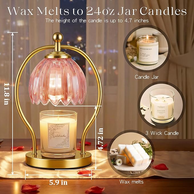 Candle Warmer Lamp, Dimmable Candle Warmer with Timer, Vintage Candles Wax Warmers for Jar Candles Christmas Birthday Gifts for Women Mom, New Home Decor for Bedroom Living Room, Gold Pink