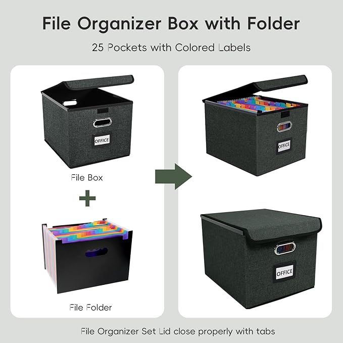 File Organizer Box with 25-Pocket Accordion Folder, File Folder & Protective Lid - Document Storage for Home, Office, School, Dark Grey