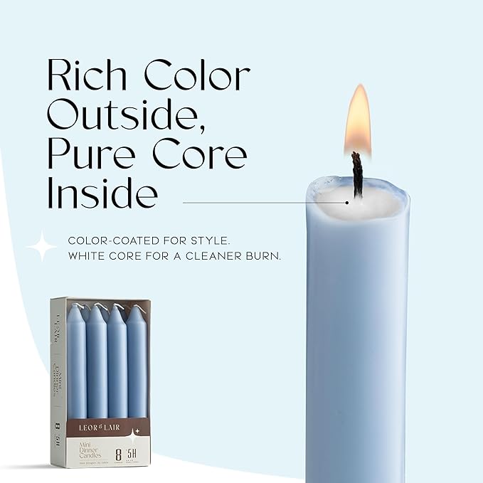 Leor & Lair 6 Inch Blue Candlesticks – Pack of 8 Unscented Blue Taper Candles with Cotton Wick – 5 Hour Burn Short Taper Candles for Coastal Homes & Winter Events