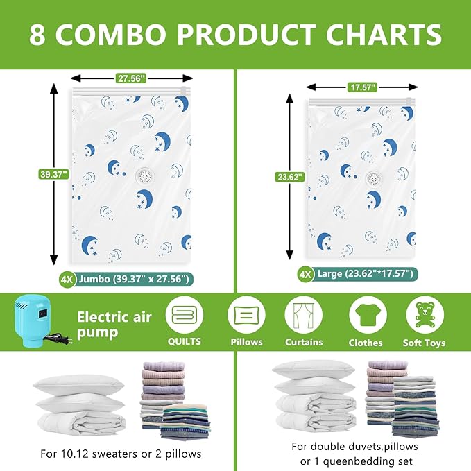 Vacuum Storage Bags with Electric Pump, 8-Pack Large Vacuum Seal Bags for Clothing Vacuum Bags for Travel Packing and Home Bedding Blankets Organization