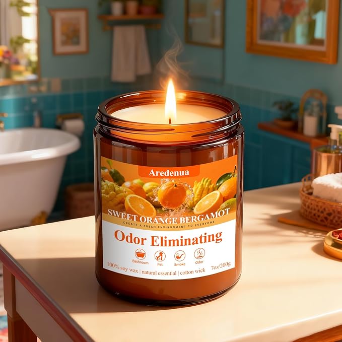 Sweet Orange Bergamot Odor Eliminating Candles | Eliminates 95% of Pet, Smoke & Bathroom Odors – 7oz Hand Poured Non-Toxic Soy Candle - Air Freshing Scented Candle Gifts for Positive & Relaxation