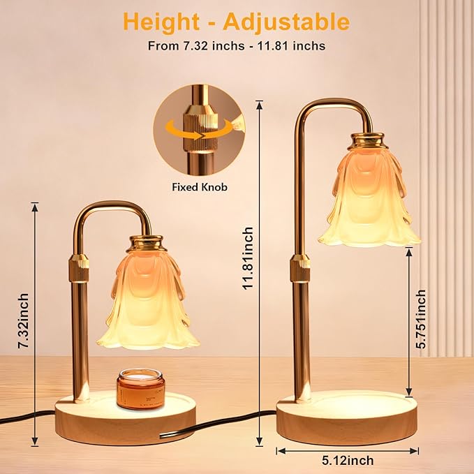 Flower Candle Warmer Lamp with Timer and Dimmer 4-Level Dimmable Adjustable Height Light Heat Lamp for Jar Candles Modern Cute Home Decor for Living Room Bedroom Gold-Flower