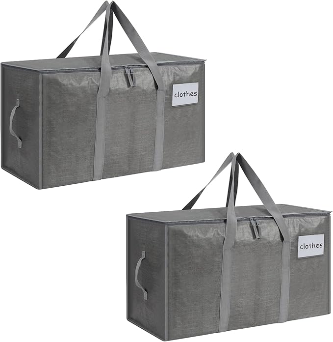 2-Pack Extra-Large Heavy-Duty Storage Totes with Reinforced Handles, Durable Zippers & Waterproof Material — Perfect for Space-Saving, Moving, Shipping and Travel (Grey)