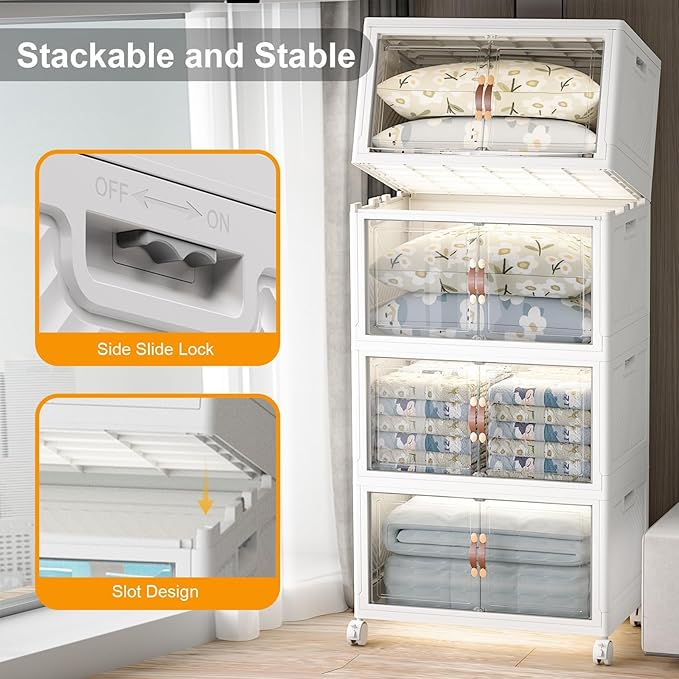 Stackable Storage Bins with Lids, 1280QT Closet Organizers and Storage with Doors and Wheels, Extra Large Storage Cabinet, Collapsible Plastic Drawers for Bedroom Dorm Office Garage