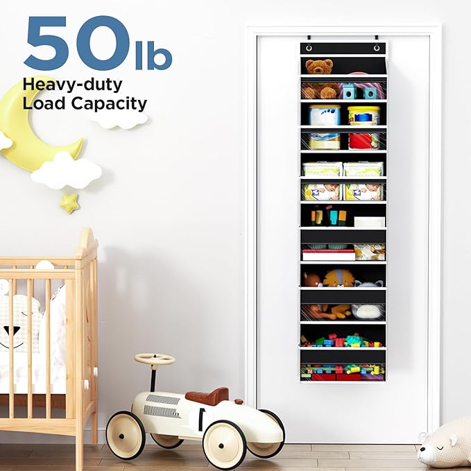 Mefirt Over The Door Organizer, 6 Shelf Door Hanging Organizers with 6 Large Capacity Pockets, Behind Door Storage Hanging Shelves for Closet Wall Bathroom Bedroom Nursery