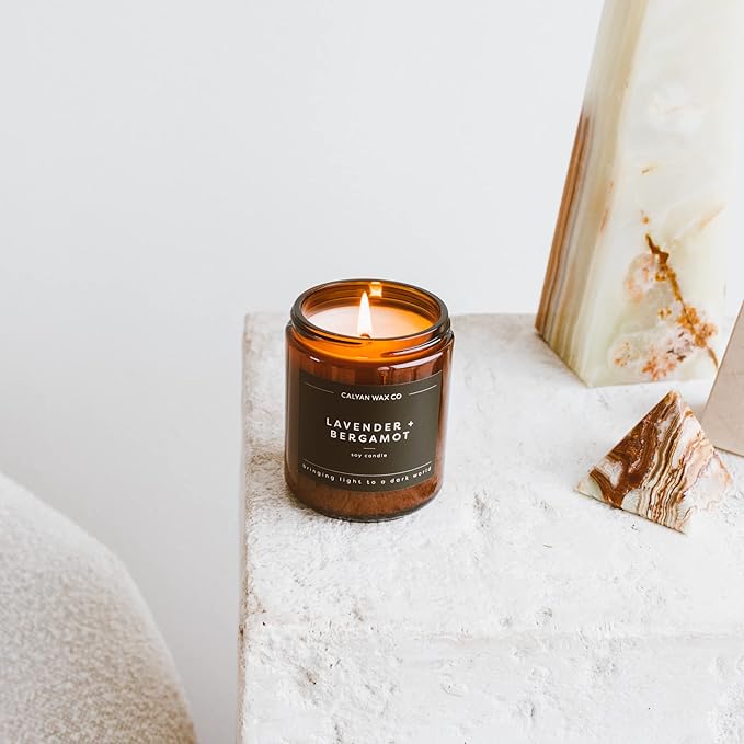 Calyan Wax Co. Lavender & Bergamot Scented Candle - 57 Hour Burn - Luxury Non Toxic Soy Wax Candles - Long Lasting Amber Glass Jar Candle for Home - 7.2oz