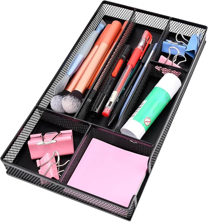 Desk Drawer Organizer, Office Metal Mesh Drawer Divider Organizer Tray with 6 Compartments, Pen Organizer for Desk Drawers Tray Desktop Accessories(COLOR:Black)