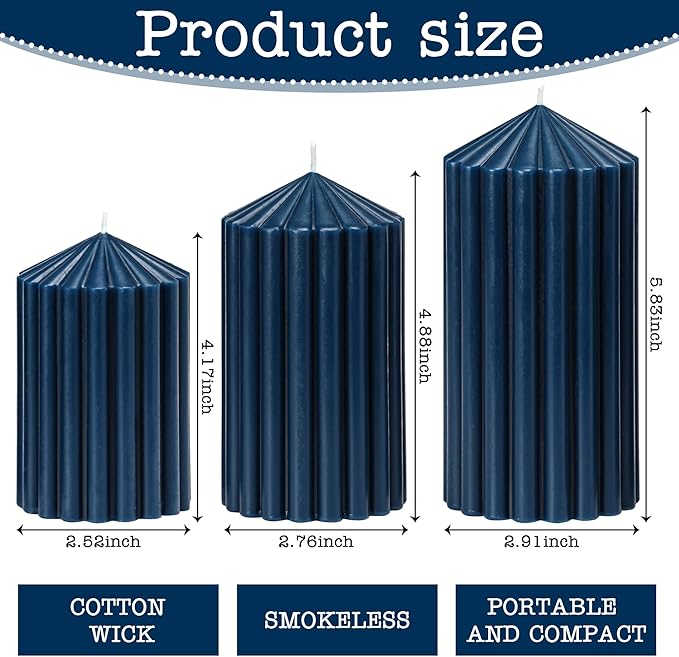 3 Pack Blue Ribbed Pillar Candles - Soy Wax Unscented, 2.76" x4.2/4.9/5.9 in Smokeless Non Toxic Cotton Wick, Aesthetic Modern Candles for Home Decor, Dinner Table, Living Room, Housewarming Gift