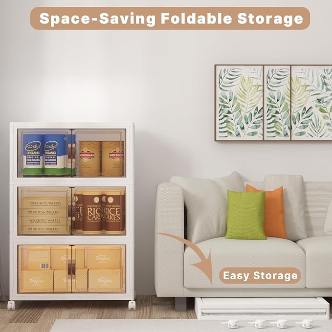 Extra Large Stackable Storage Bins with Lids & Wheels, 360QT-120QT/30GAL*3Pack Foldable Collapsible Closet Organizers Storage Cabinet with Doors for Bedroom Dorm