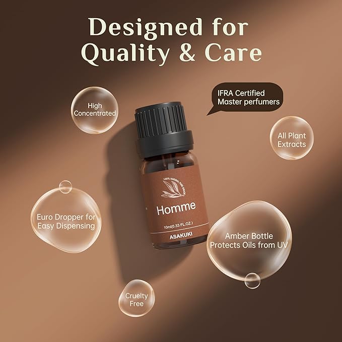 ASAKUKI Men Essential Oils Set for Diffuser, 6×10ml Cologne-Inspired Unisex Fragrance Oils for Diffusers – Elegant, Clean, and Confident Scents