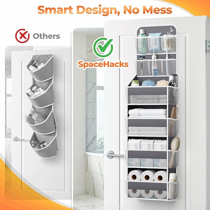 6-Tier Over The Door Organizer with Mesh Pockets, Baby Nursery Storage for Closet, Bathroom and Bedroom, Adjustable Hanging Closet Organizer for Cosmetics, Books and Essentials (Dark Grey)