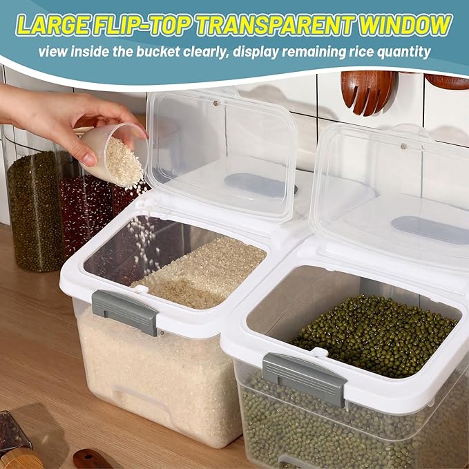 4 Pack Large Rice Storage Containers 30 Lbs Airtight Flour Container with Seal Locking Lid and Measuring Cup Kitchen Dry Food Storage Bins for Cereal Sugar Beans(Transparent and White)