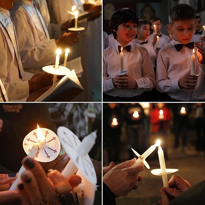 200 White Church Candles with Drip Protectors for Devotional Candlelight Vigil Service, Box of 200 Candles, Unscented White 5" H X 1/2" D, No Smoke
