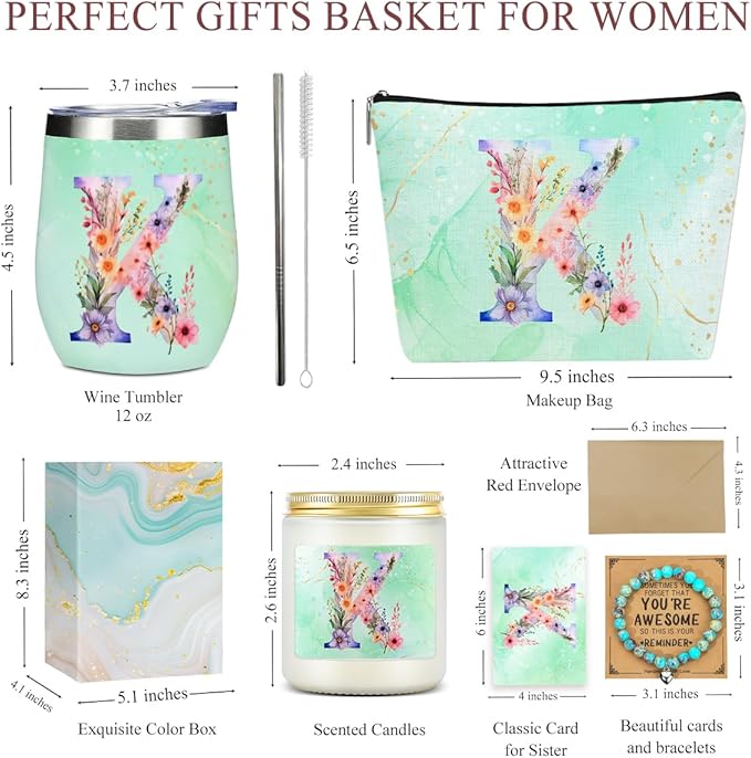 Personalized Gifts Monogrammed Birthday Gifts for Women, Soul Sister Bachelorette Party Wedding Christmas Initial Wine Tumbler Makeup Bag Scented Candle Bracelet Set, (Aesthetic Green Flower K)