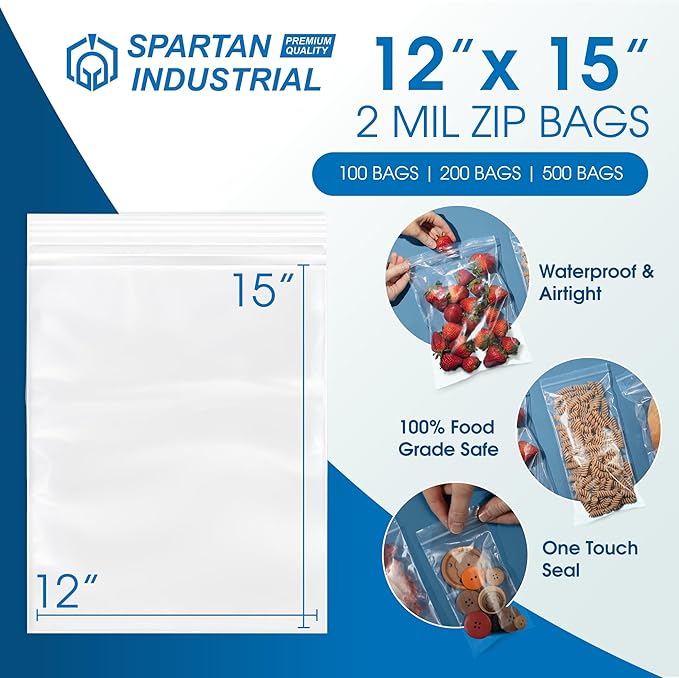 Spartan Industrial - 12” X 15” (200 Count) 2 Mil Clear Reclosable Zip Plastic Poly Bags with Resealable Lock Seal Zipper