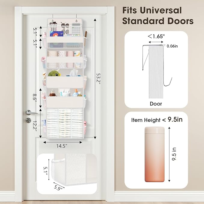 WISELIFE 5-Tier Over the Door Organizer for Hanging - 50LB Heavy-Duty Back of Door Organizer with 5 Spacious Pockets & 13 Mesh Pockets, Multipurpose Storage for Nursery, Bedroom, Closet(1 Pack, Beige)