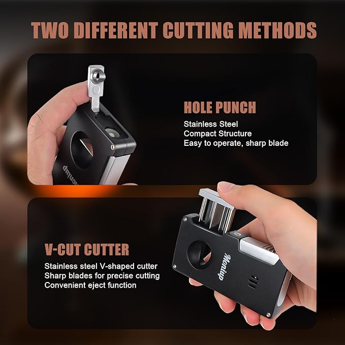 All-in-one Jet Torch Lighter with Built-in V Cutter, Punch, Gas Window, Leather case, Luxurious Gifts for Men, Adjustable Windproof Butane Refillable Cool Lighters for Outdoors, Travel, Candles