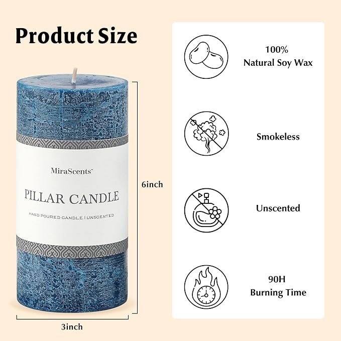 3x6 Inch Dark Blue Pillar Candles Set of 3 - Hand-Poured Unscented Candles, Long Clean Burning, Navy Blue Candle, Smokeless Dripless Candle for Dinner Table, Wedding, Home, Rustic Decor